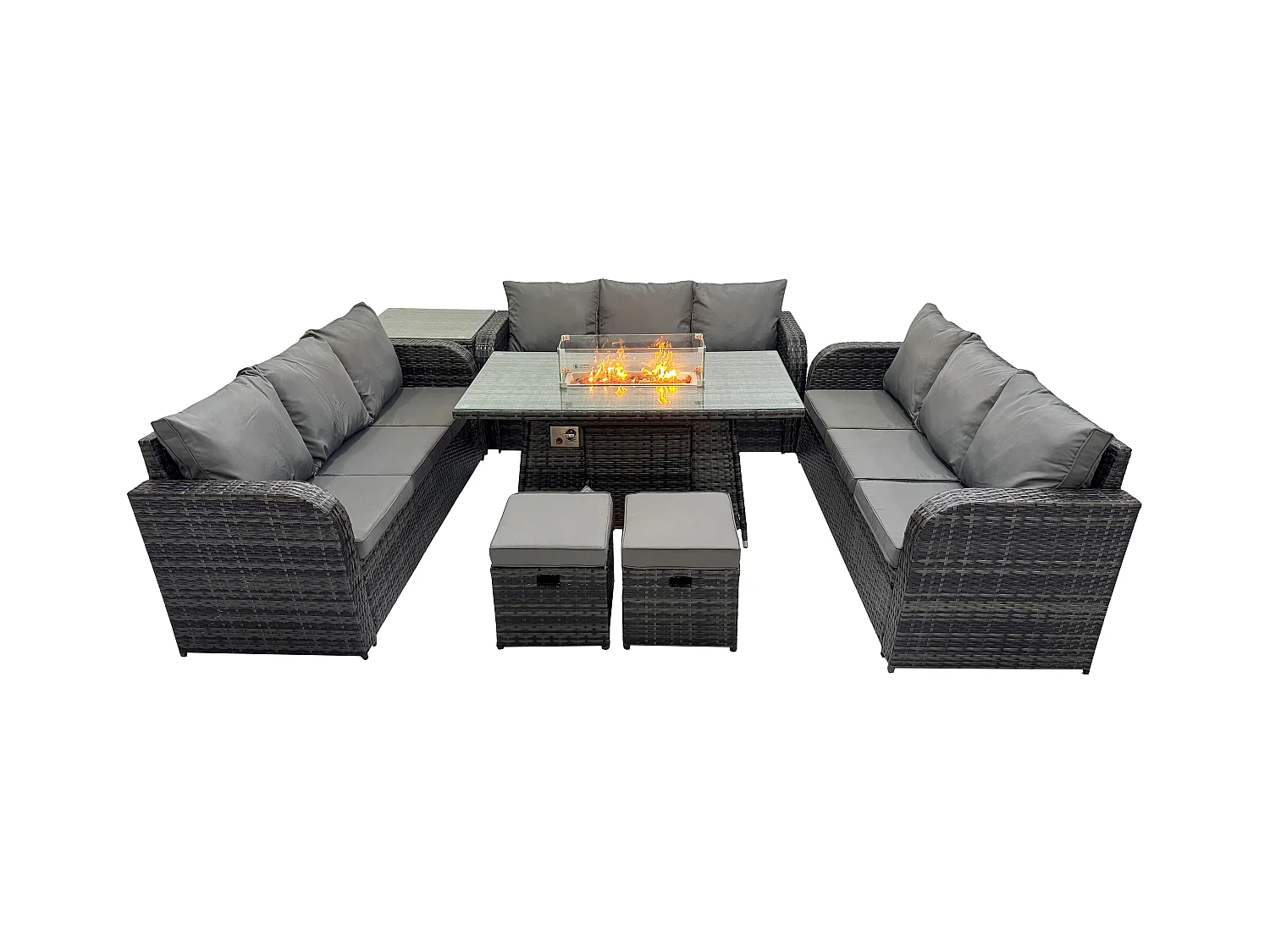 Polyrattan Gartenmöbel Set Gasfeuerstelle Esstisch Set mit Beistelltisch 2 kleine Fußhockern Dunkelgrau Gemischt