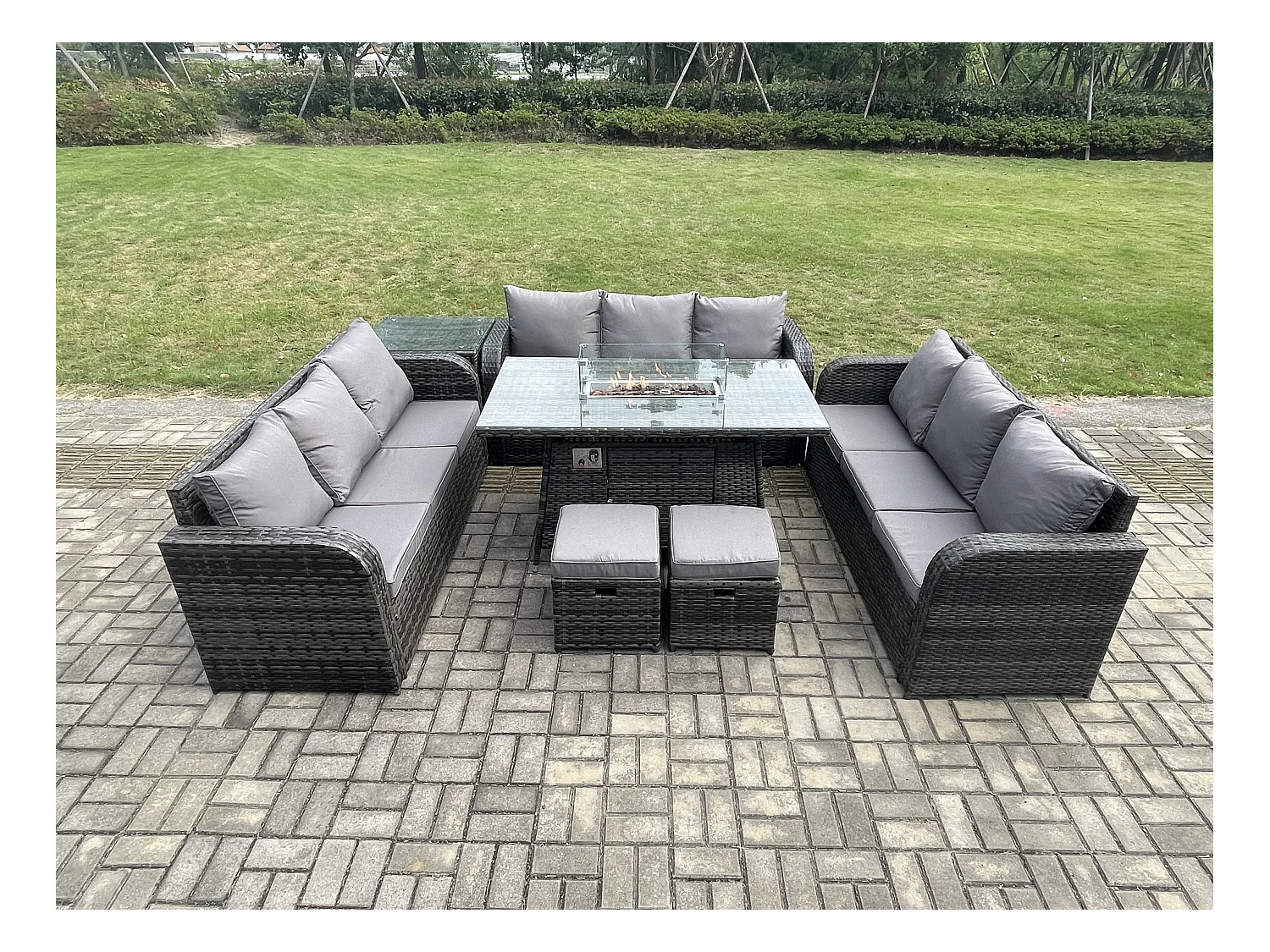 Polyrattan Gartenmöbel Set Gasfeuerstelle Esstisch Set mit Beistelltisch 2 kleine Fußhockern Dunkelgrau Gemischt