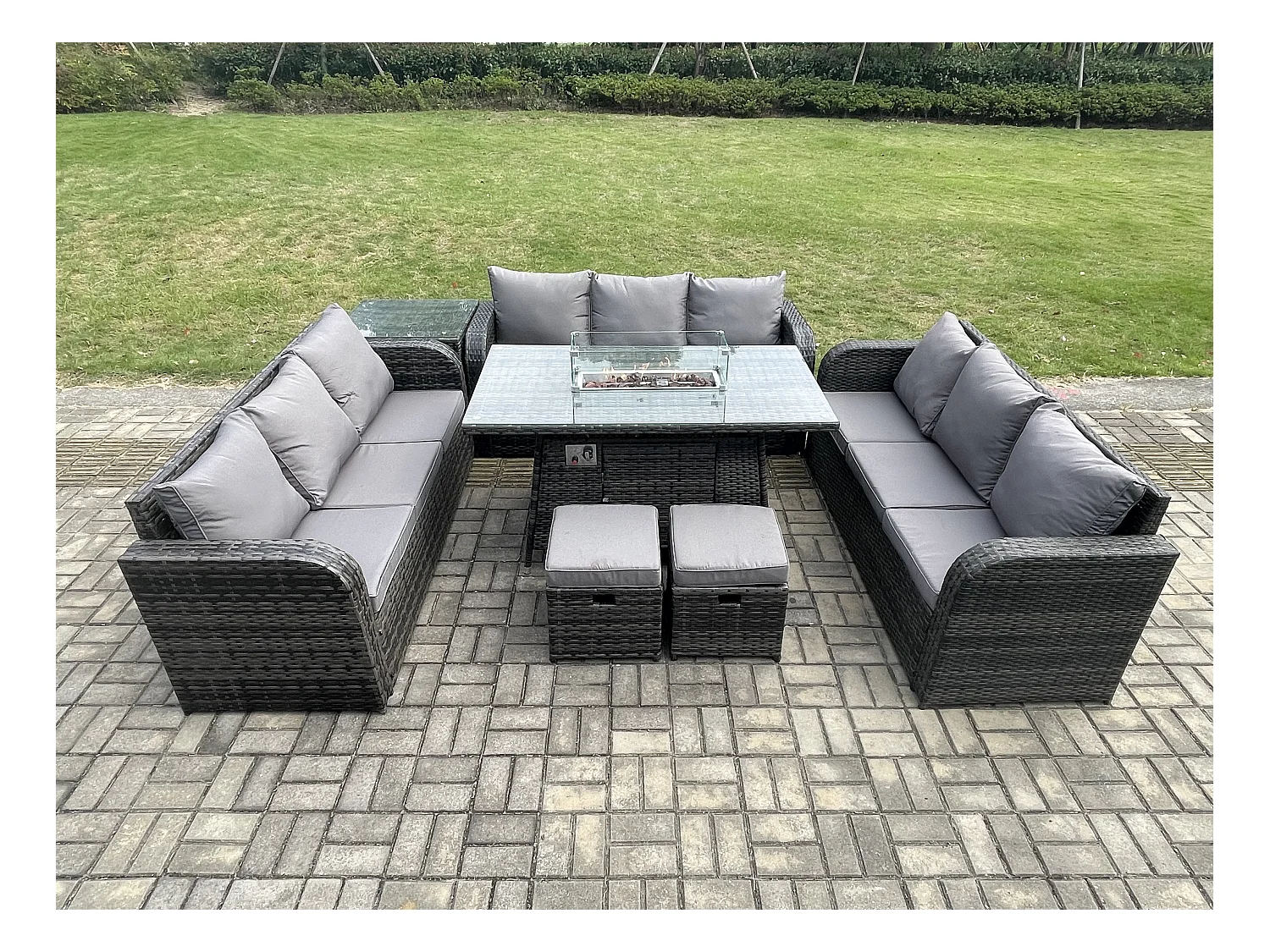 Polyrattan Gartenmöbel Set Gasfeuerstelle Esstisch Set mit Beistelltisch 2 kleine Fußhockern Dunkelgrau Gemischt