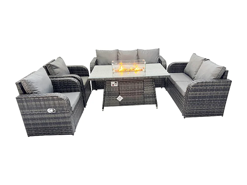 Polyrattan Gartenmöbel Set Garten Sofa im Freien Gasfeuerstelle Esstisch Set Dunkelgrau Gemischt