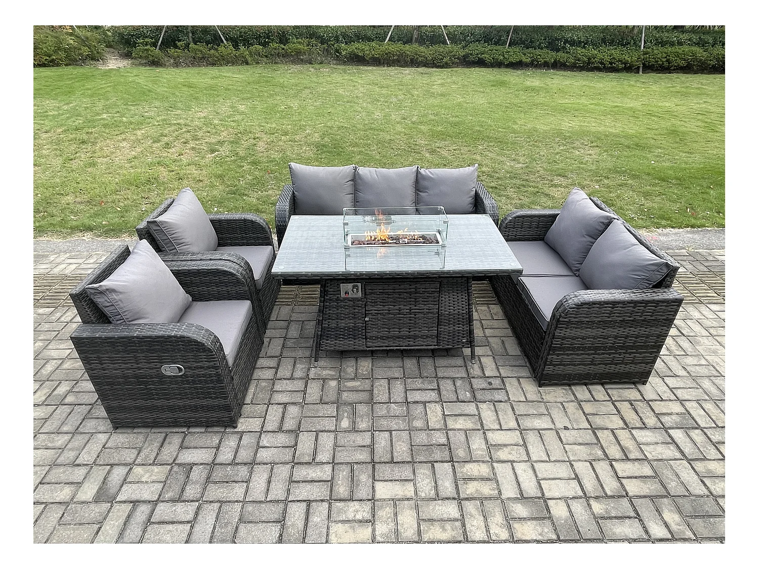 Polyrattan Gartenmöbel Set Garten Sofa im Freien Gasfeuerstelle Esstisch Set Dunkelgrau Gemischt