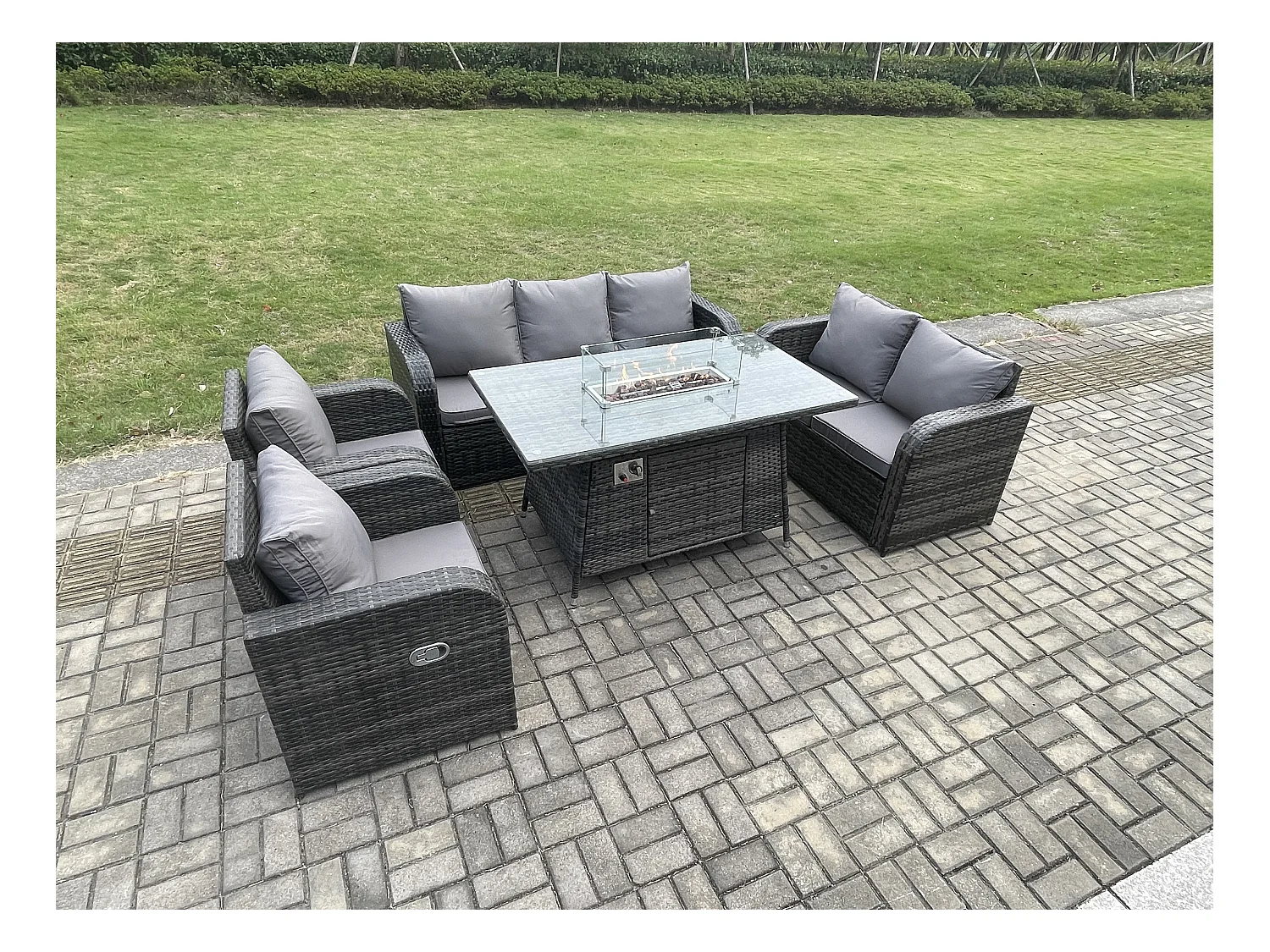 Polyrattan Gartenmöbel Set Garten Sofa im Freien Gasfeuerstelle Esstisch Set Dunkelgrau Gemischt