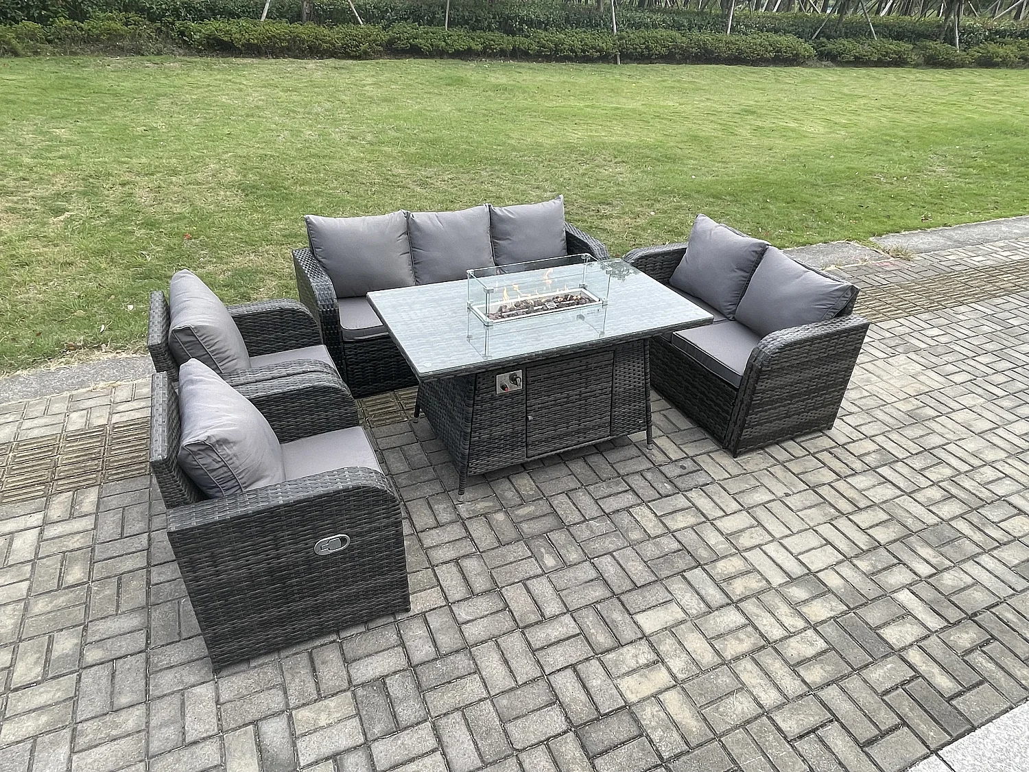 Ensemble Salon de Jardin Extérieur en polyrotin Table de foyer à gaz et Canapé Fauteuil avec Gris foncé mixte