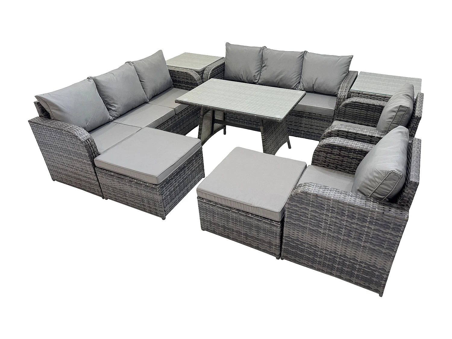 Ensemble de canapés en rotin Salon de jardin avec Table à manger rectangulaire 2 Tables d'appoint 2 Grand tabourets Gris foncé mixte