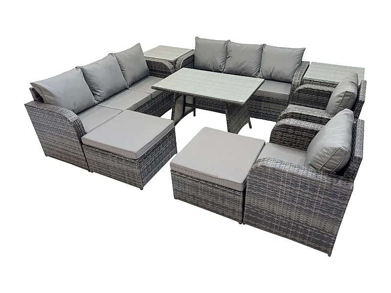 Ensemble de canapés en rotin Salon de jardin avec Table à manger rectangulaire 2 Tables d'appoint 2 Grand tabourets Gris foncé mixte