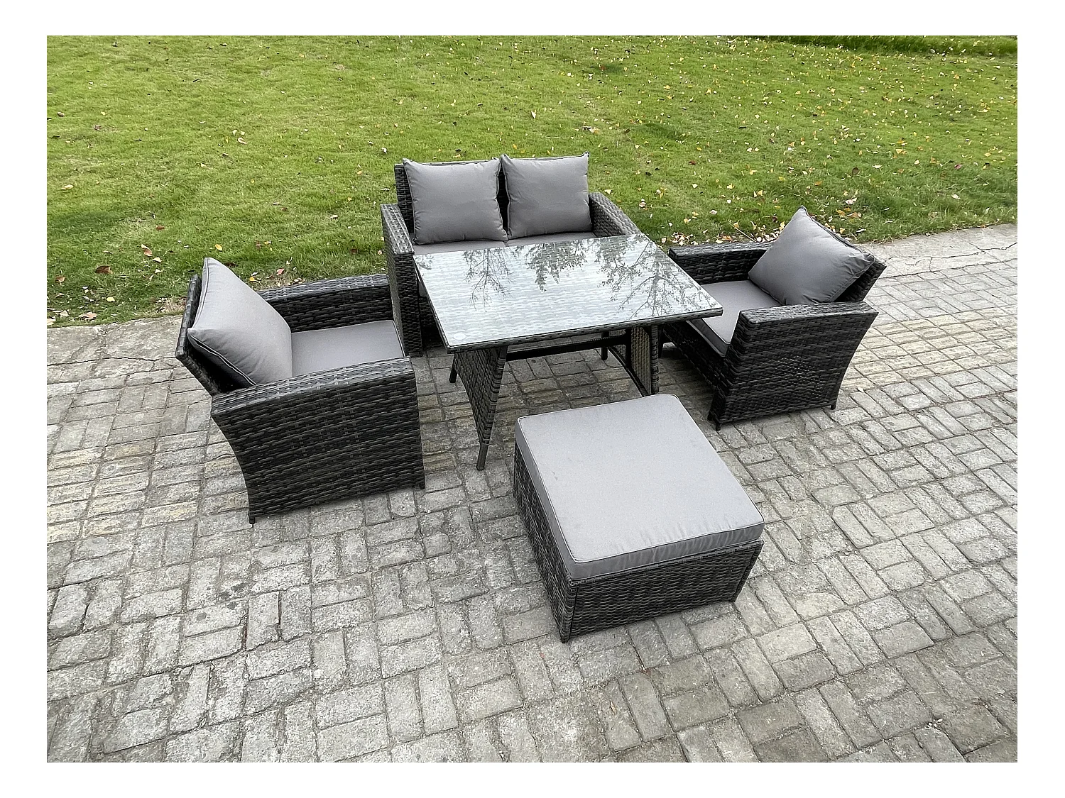 Rattan Gartenmöbel im Freien Sofa Set mit 2 Großer Hockern Dunkelgrau Gemischt