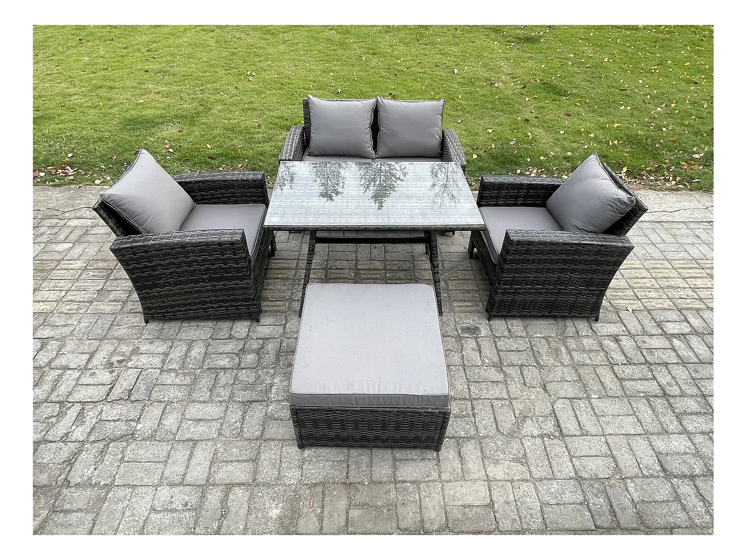 Rattan Gartenmöbel im Freien Sofa Set mit 2 Großer Hockern Dunkelgrau Gemischt