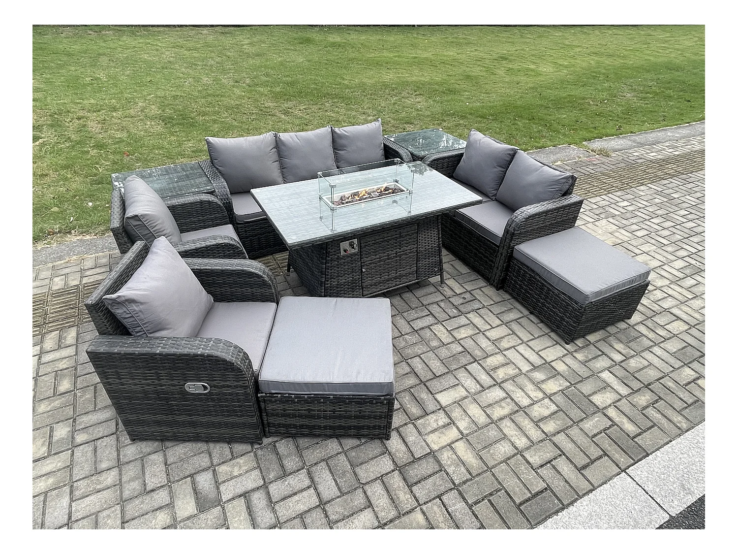 Salon de jardin exterieur Table de foyer à gaz et Canapé Fauteuil avec 2 Tables d'appoint 2 Grand tabourets