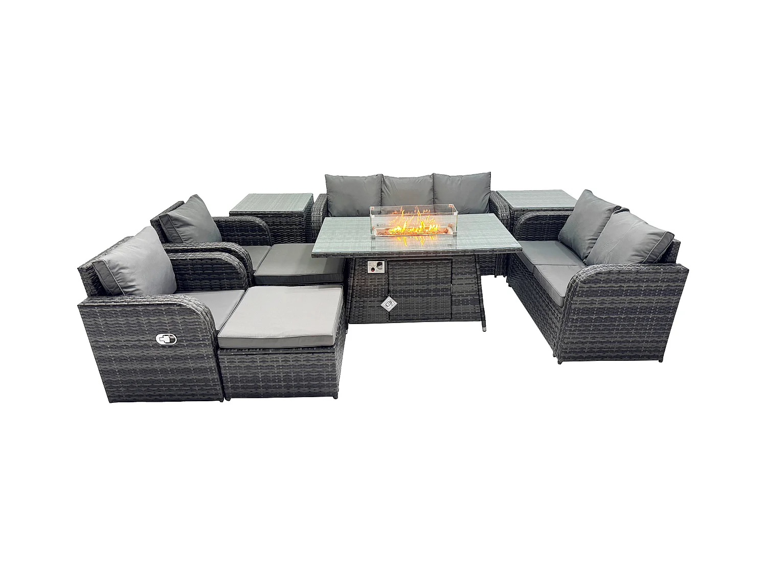 Polyrattan Gartenmöbelset Gasfeuerstelle Esstisch und Sofa Sessel set mit 2 Beistelltischen 2 hohen Hockern