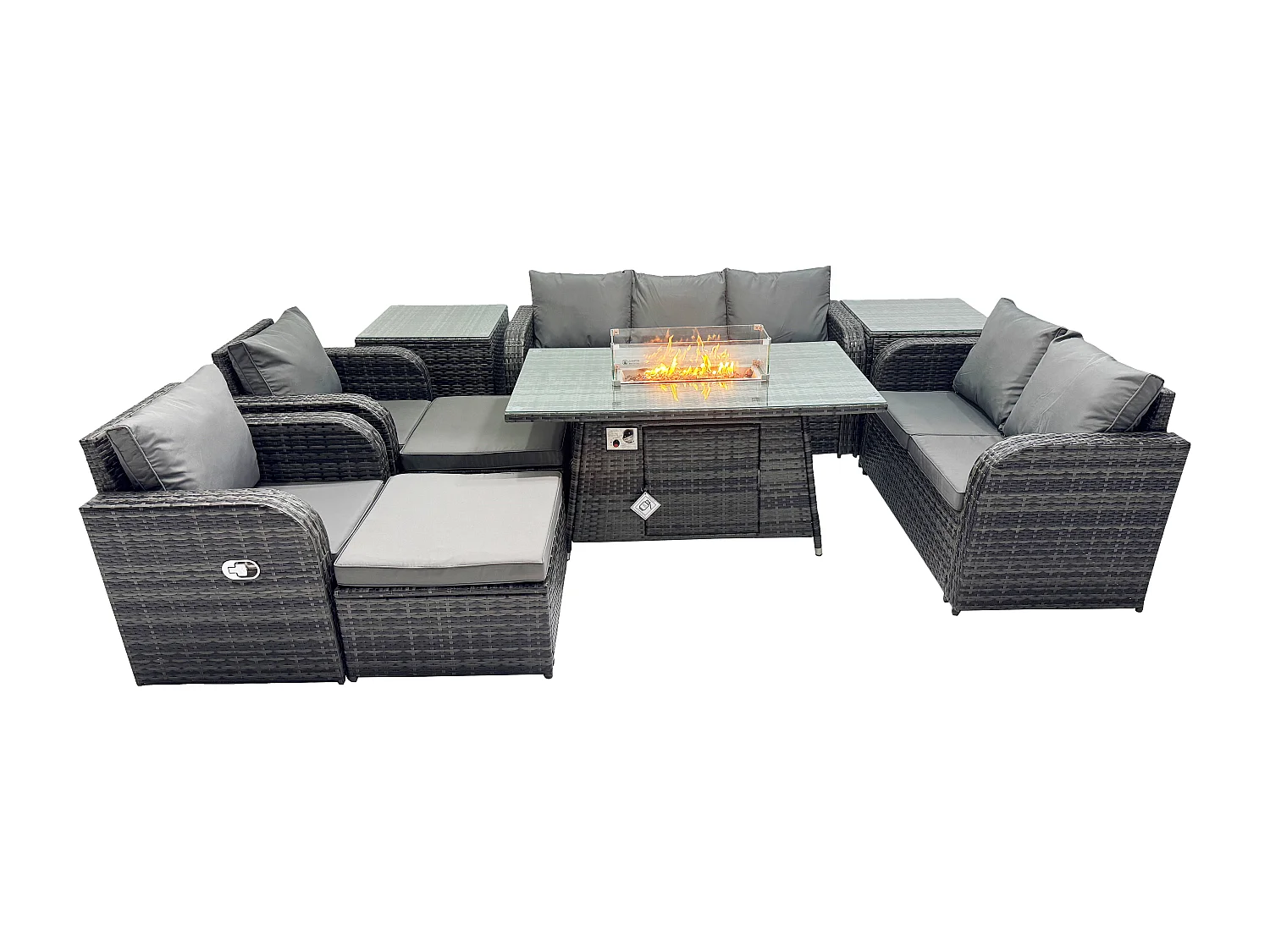 Polyrattan Gartenmöbelset Gasfeuerstelle Esstisch und Sofa Sessel set mit 2 Beistelltischen 2 hohen Hockern