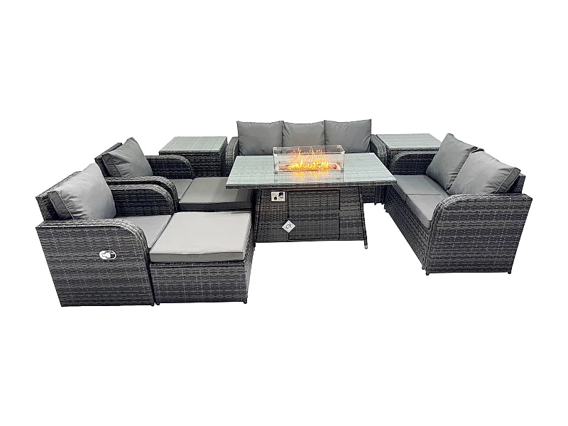 Polyrattan Gartenmöbelset Gasfeuerstelle Esstisch und Sofa Sessel set mit 2 Beistelltischen 2 hohen Hockern