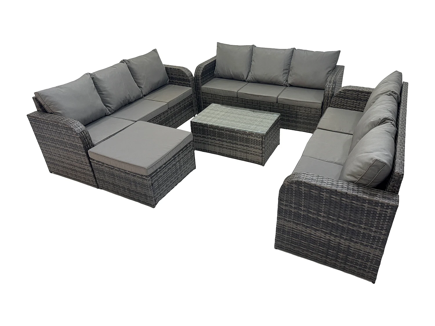 Ensemble de canapés en rotin 10 places salon de jardin avec Table basse rectangulaire Canapé 3 places Grand tabouret Gris foncé mixte