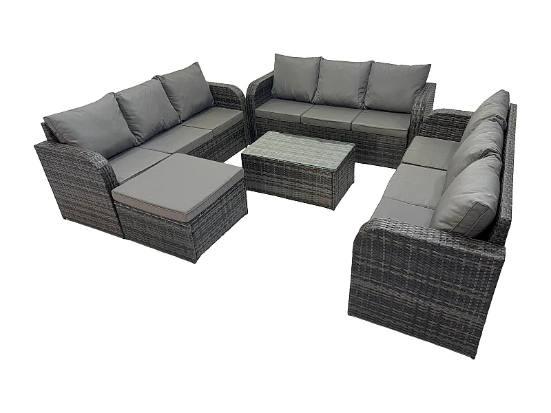 Ensemble de canapés en rotin 10 places salon de jardin avec Table basse rectangulaire Canapé 3 places Grand tabouret Gris foncé mixte