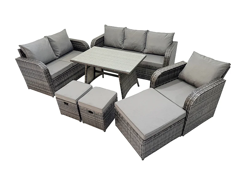 9 places Salon de jardin exterieur Ensemble de canapés en rotin avec Table à manger 3 Tabourets Gris foncé mixte
