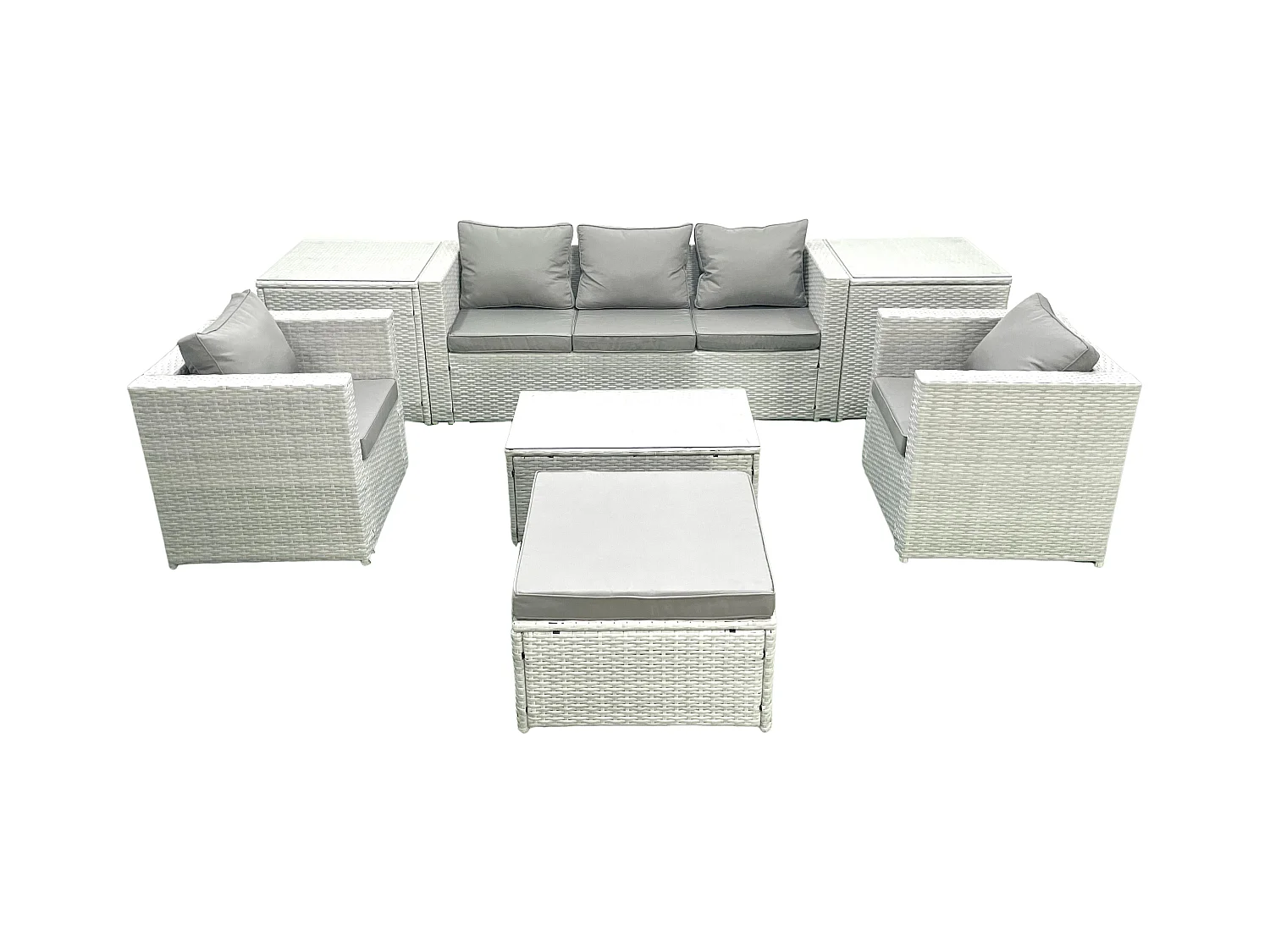 Salon de jardin avec Canapé 3 places 2 Chaise Table basse rectangulaire Grand tabouret 2 Tables d'appoint Gris clair mixte 6 places