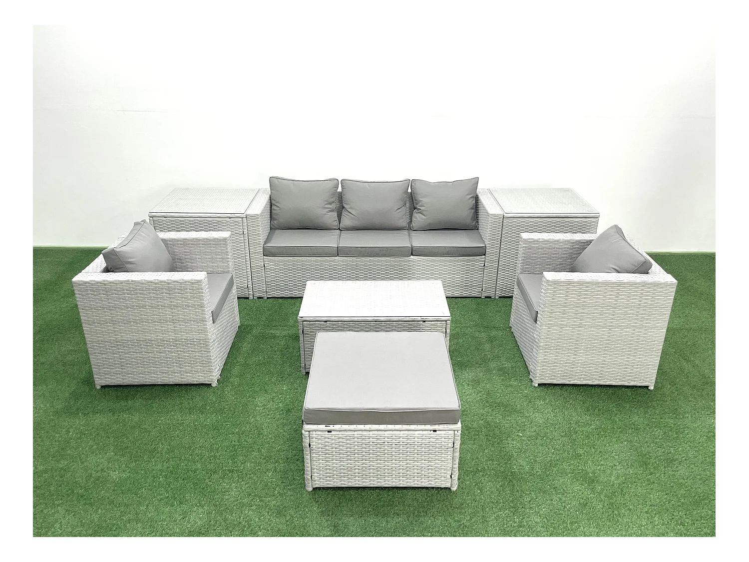 Salon de jardin avec Canapé 3 places 2 Chaise Table basse rectangulaire Grand tabouret 2 Tables d'appoint Gris clair mixte 6 places