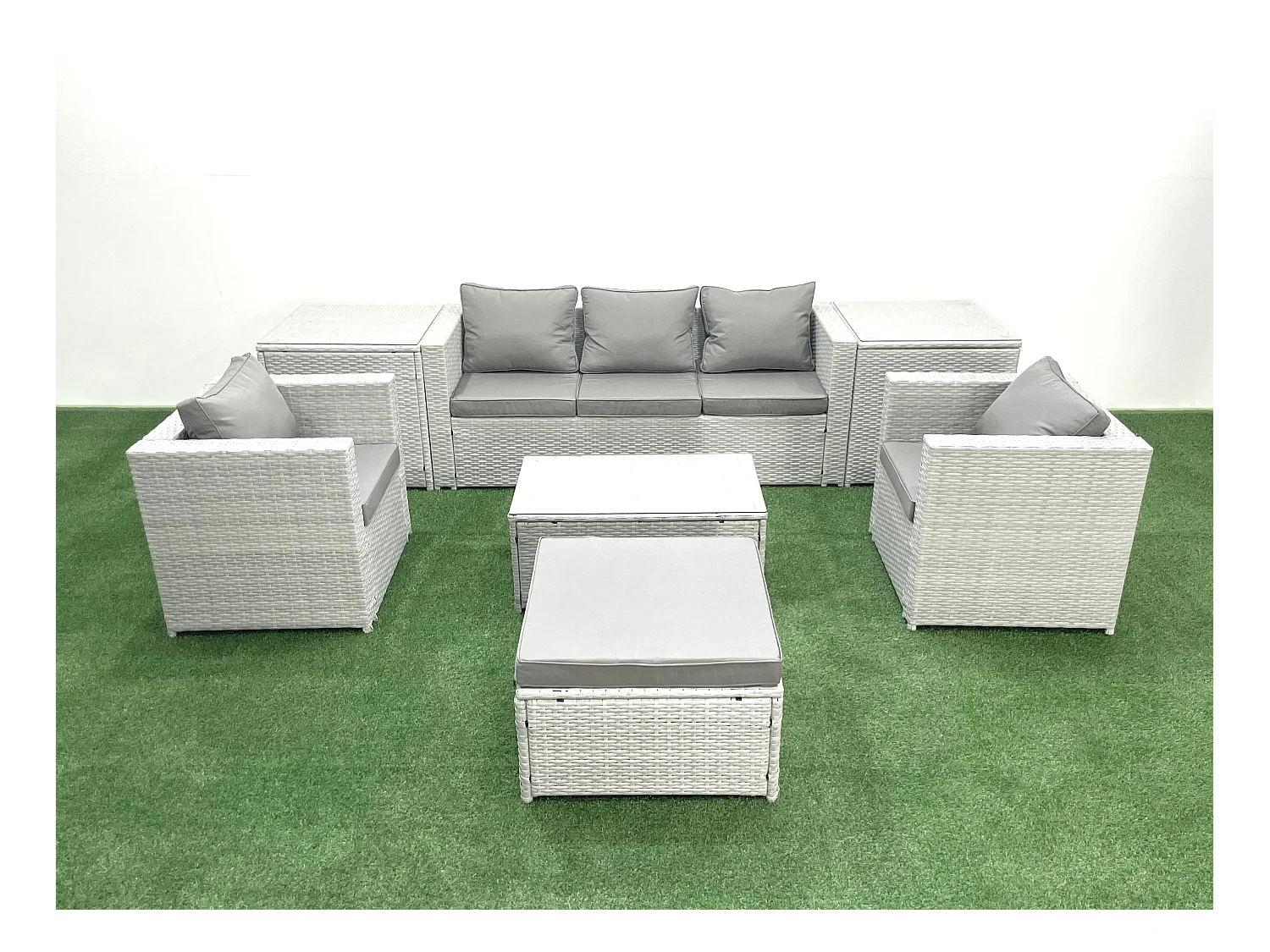 Salon de jardin avec Canapé 3 places 2 Chaise Table basse rectangulaire Grand tabouret 2 Tables d'appoint Gris clair mixte 6 places