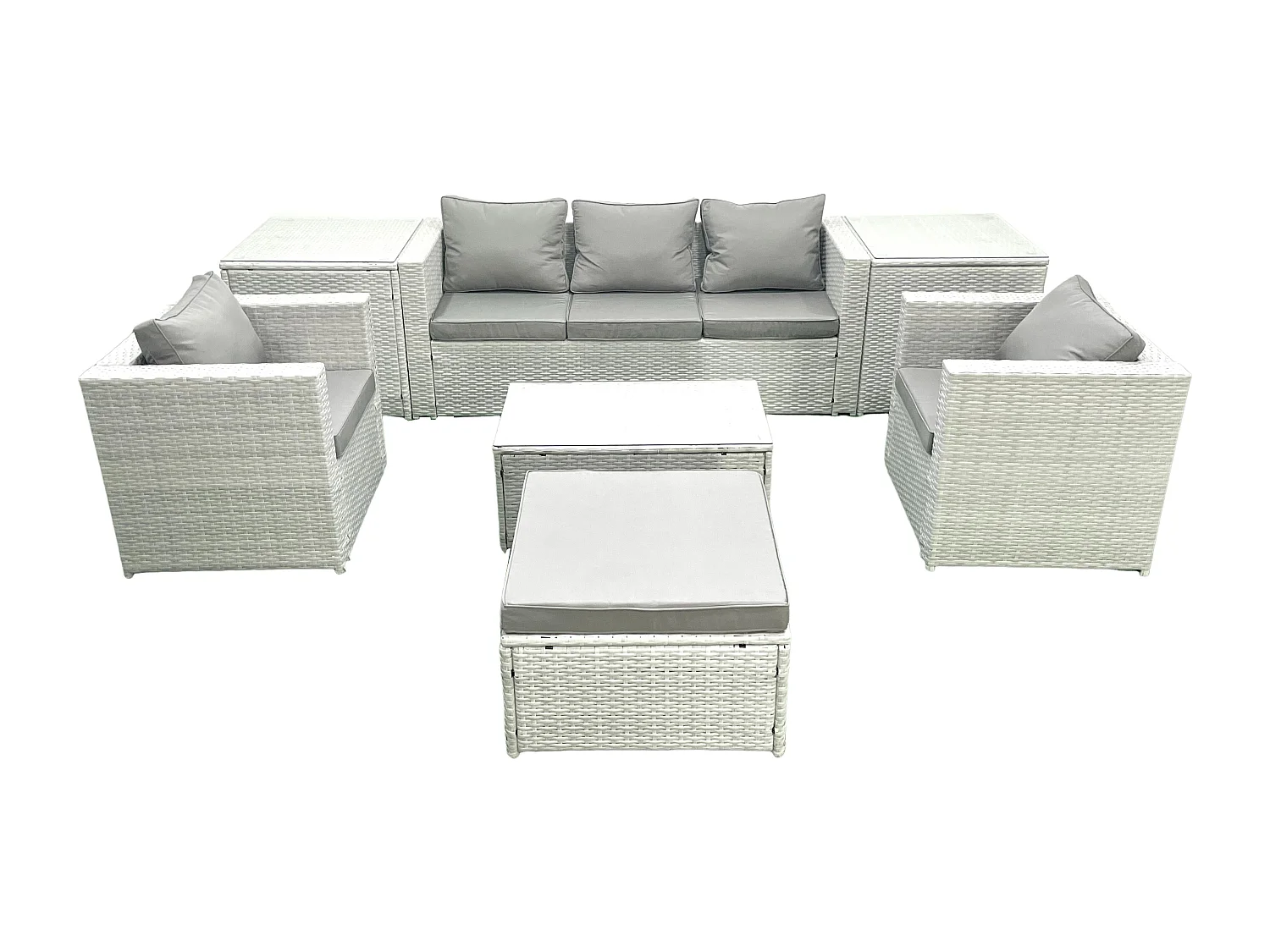 Salon de jardin avec Canapé 3 places 2 Chaise Table basse rectangulaire Grand tabouret 2 Tables d'appoint Gris clair mixte 6 places