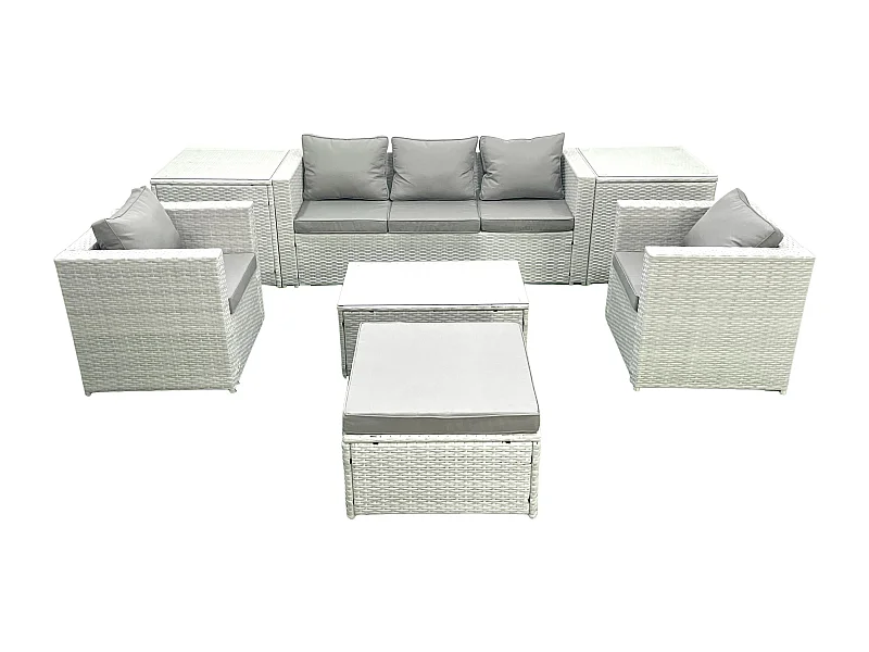 Salon de jardin avec Canapé 3 places 2 Chaise Table basse rectangulaire Grand tabouret 2 Tables d'appoint Gris clair mixte 6 places