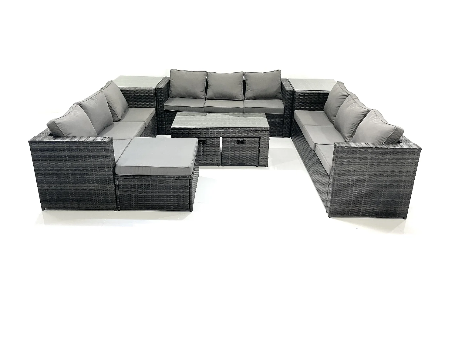 Ensemble de meubles de jardin en polyrotin 9 Pièces avec Canapé Table basse 3 Tabourets Table d'appoint Gris foncé mixte