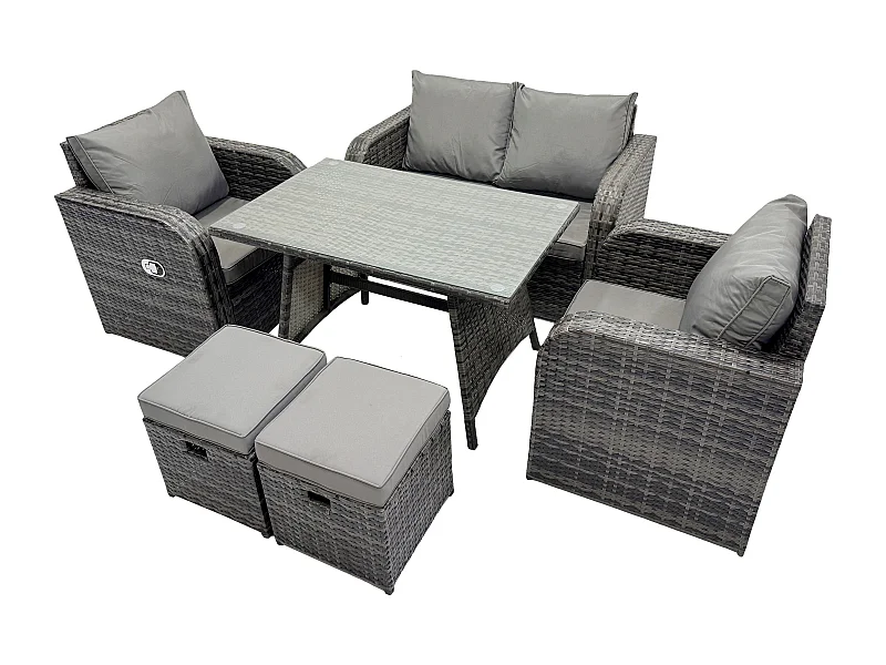 Polyrattan Gartenmöbel Set mit Liegestühle 2-Sitzer Sofa Doppelsofa Rechteckiger Esstisch mit 2 Hockern