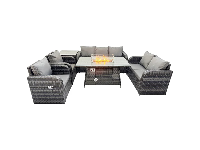 Polyrattan Gartenmöbelset Gasfeuerstelle Esstisch und Sofa Sessel set mit Beistelltisch 7-Sitzer
