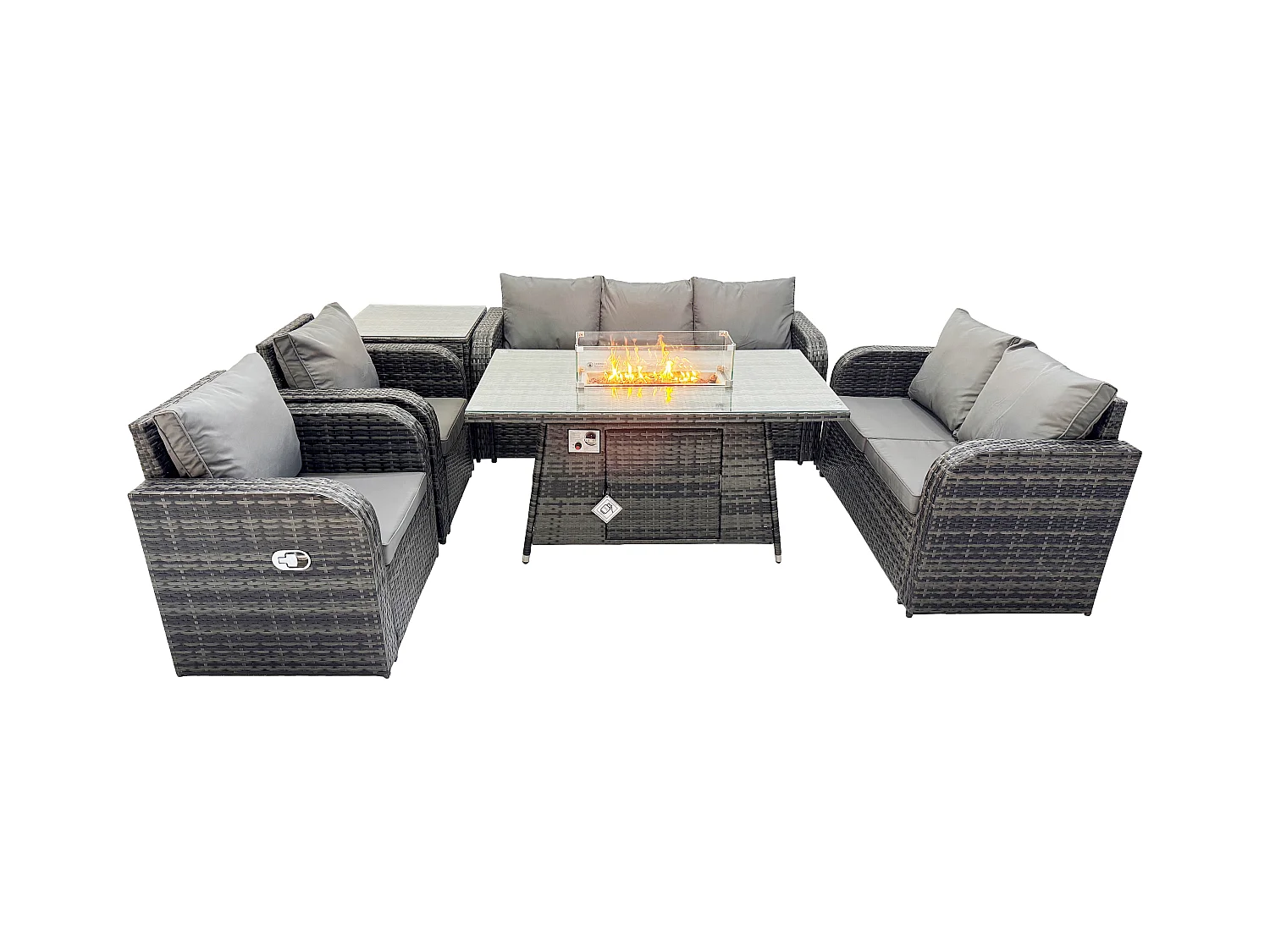 Polyrattan Gartenmöbelset Gasfeuerstelle Esstisch und Sofa Sessel set mit Beistelltisch 7-Sitzer