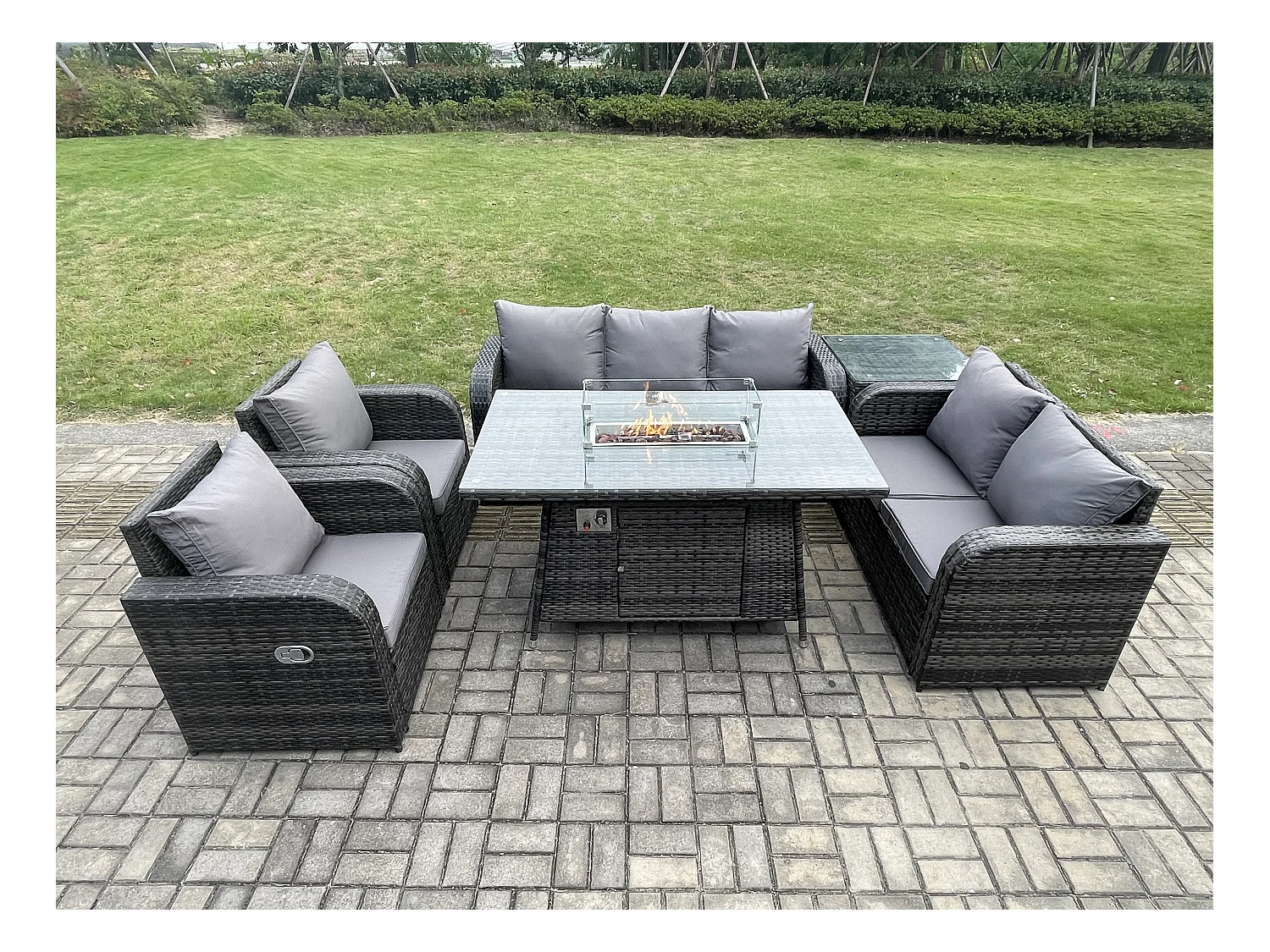 Polyrattan Gartenmöbelset Gasfeuerstelle Esstisch und Sofa Sessel set mit Beistelltisch 7-Sitzer