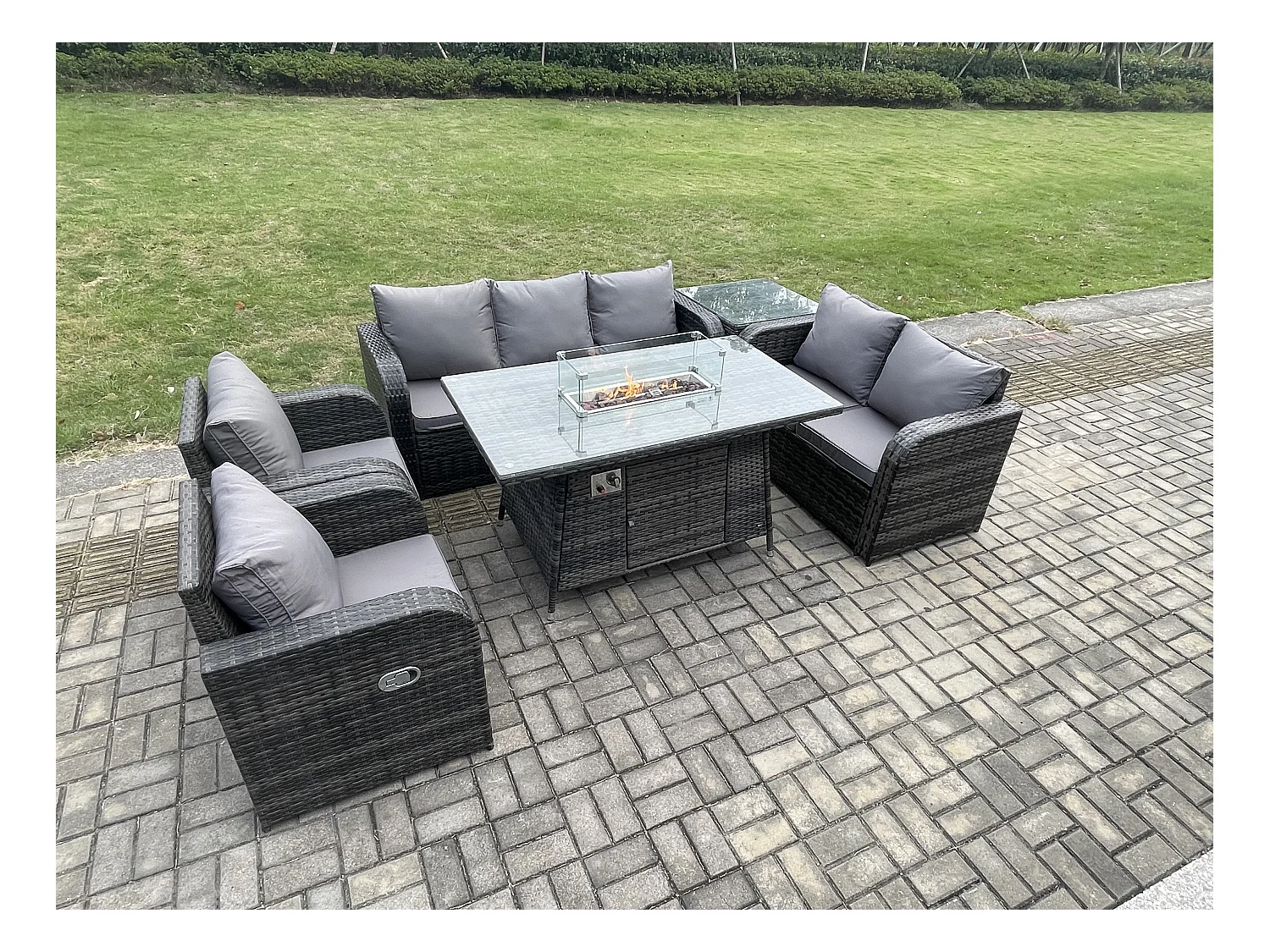 Polyrattan Gartenmöbelset Gasfeuerstelle Esstisch und Sofa Sessel set mit Beistelltisch 7-Sitzer