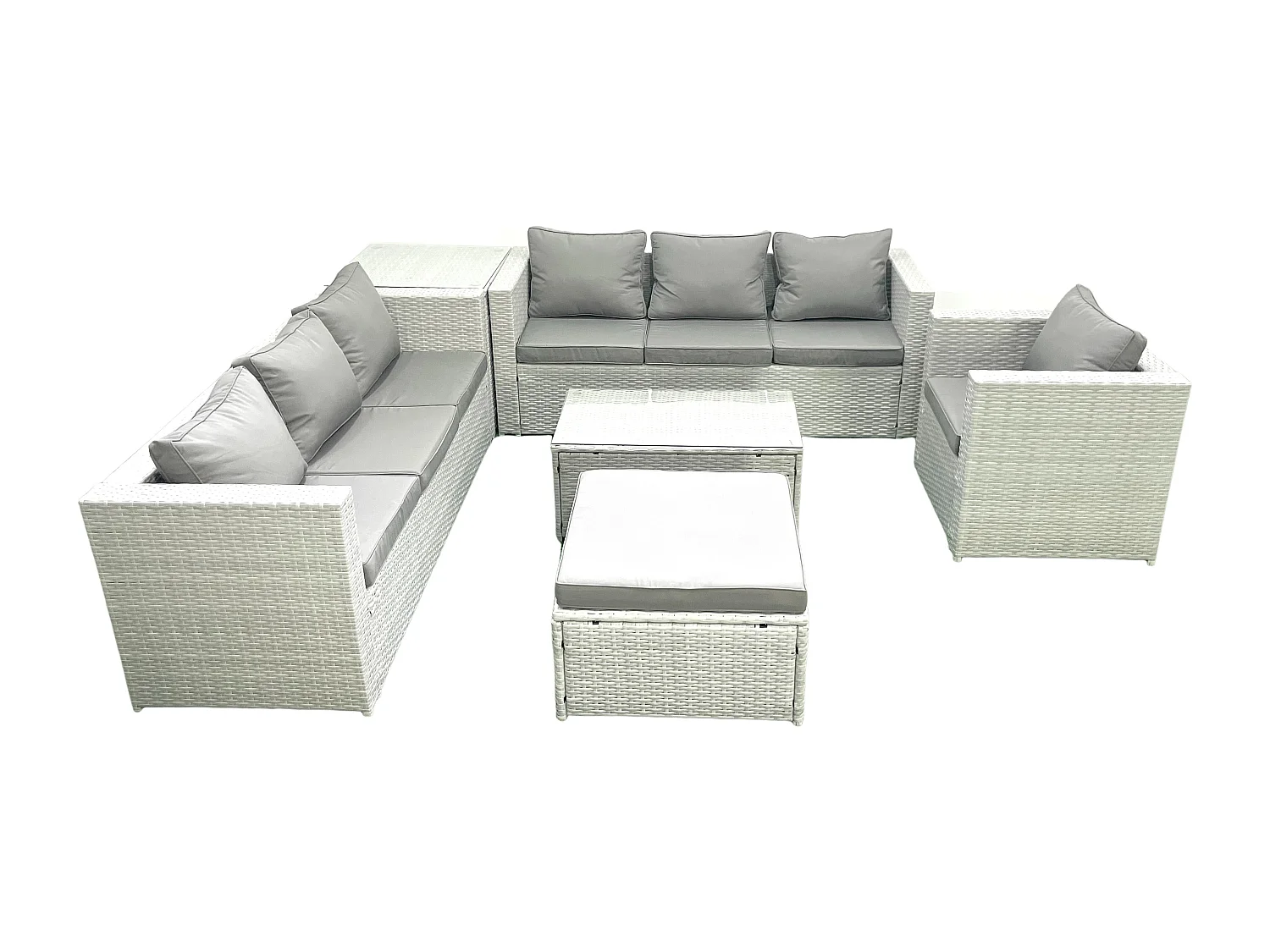 Meubles d'extérieur en rotin avec Fauteuil Table basse oblongue Grand tabouret Table d'appoint Gris clair mixte