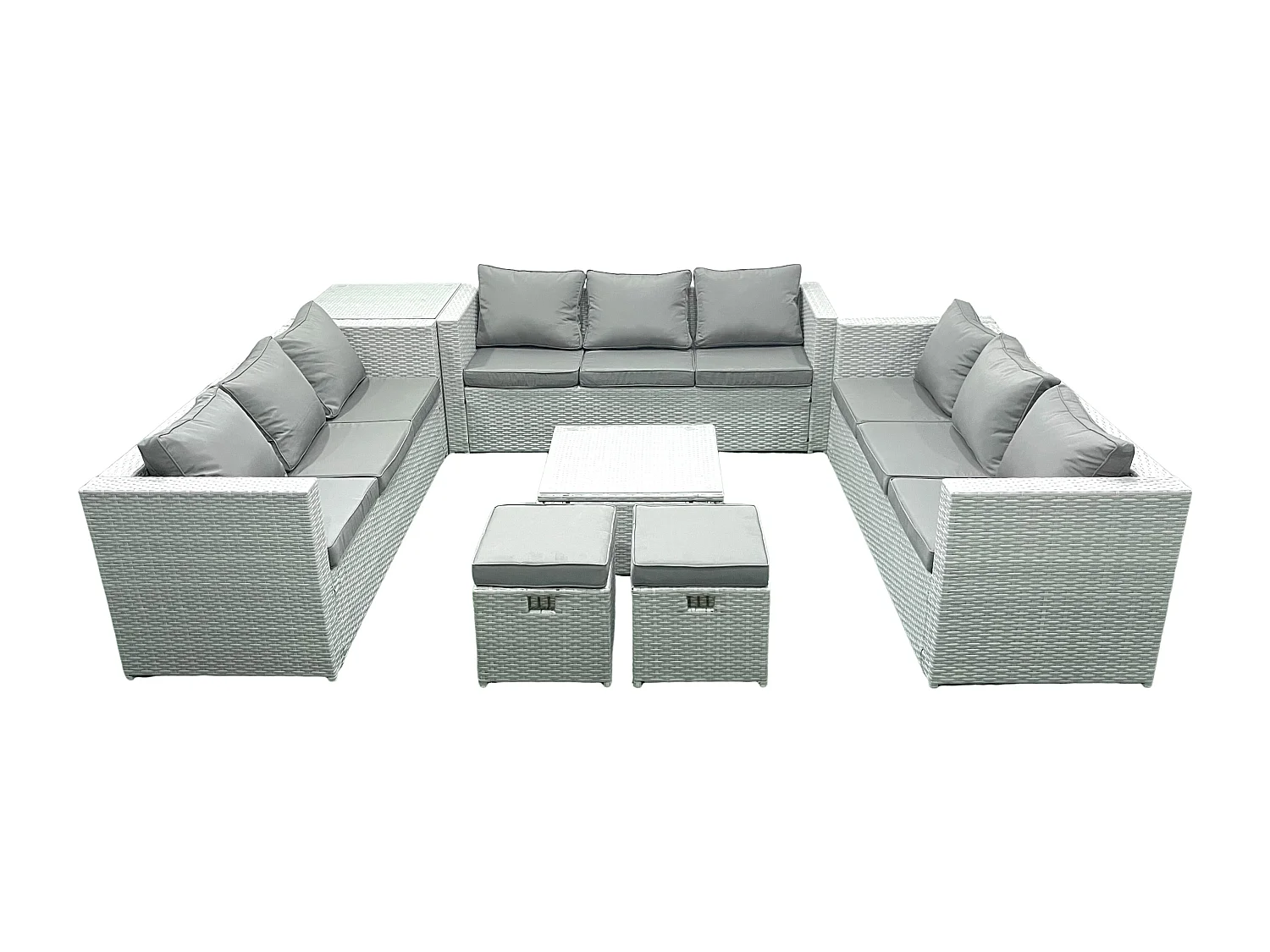 Gartenmöbel im Freien Polyrattan 11-Sitzer Rattan Garten Sofa Set mit 2 kleinen Hockern Beistelltisch Hellgrau gemischt