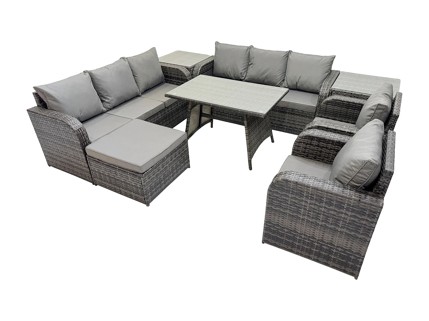 9-Sitzer Rattan Gartenmöbel Sofa Set Tisch & Stühle Set mit 3-Sitzer Sofa Rechteckiger Esstisch 2 Beistelltischen 2 Großer Hockern Dunkelgrau Gemischt