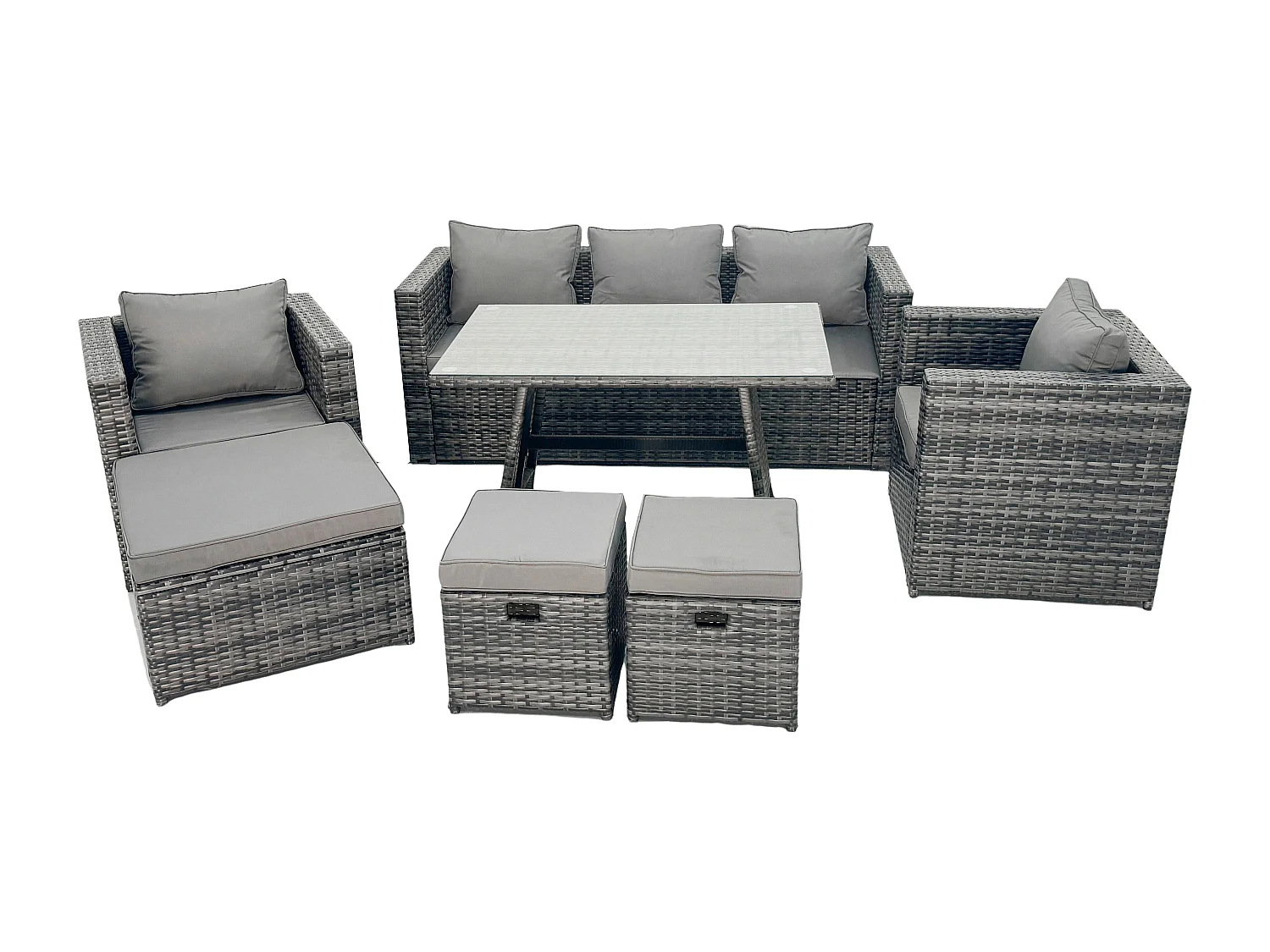 8 places Meubles d'extérieur en rotin Ensemble de canapés de jardin avec Table à manger 2 Fauteuil 3 Tabourets Gris foncé mixte