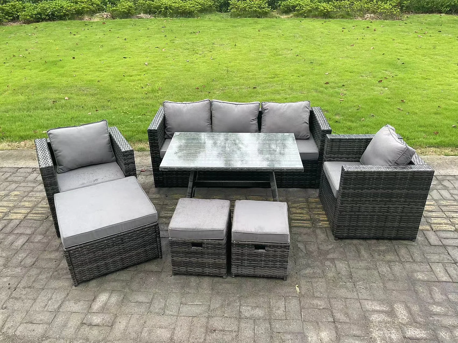 8 places Meubles d'extérieur en rotin Ensemble de canapés de jardin avec Table à manger 2 Fauteuil 3 Tabourets Gris foncé mixte