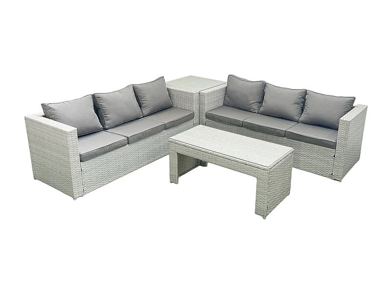 6 places Salon de Jardin Extérieur Canapé de jardin en rotin Table basse oblongue avec Table d'appoint Gris clair mixte