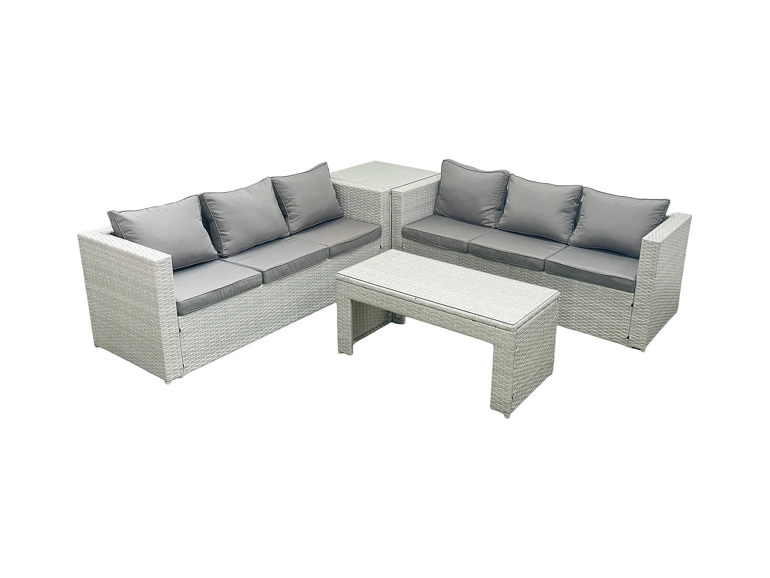 6-Sitzer Gartenmöbel-Set im Freien Polyrattan Garten Sofa Rechteckiger Couchtisch Set mit Beistelltisch Hellgrau gemischt