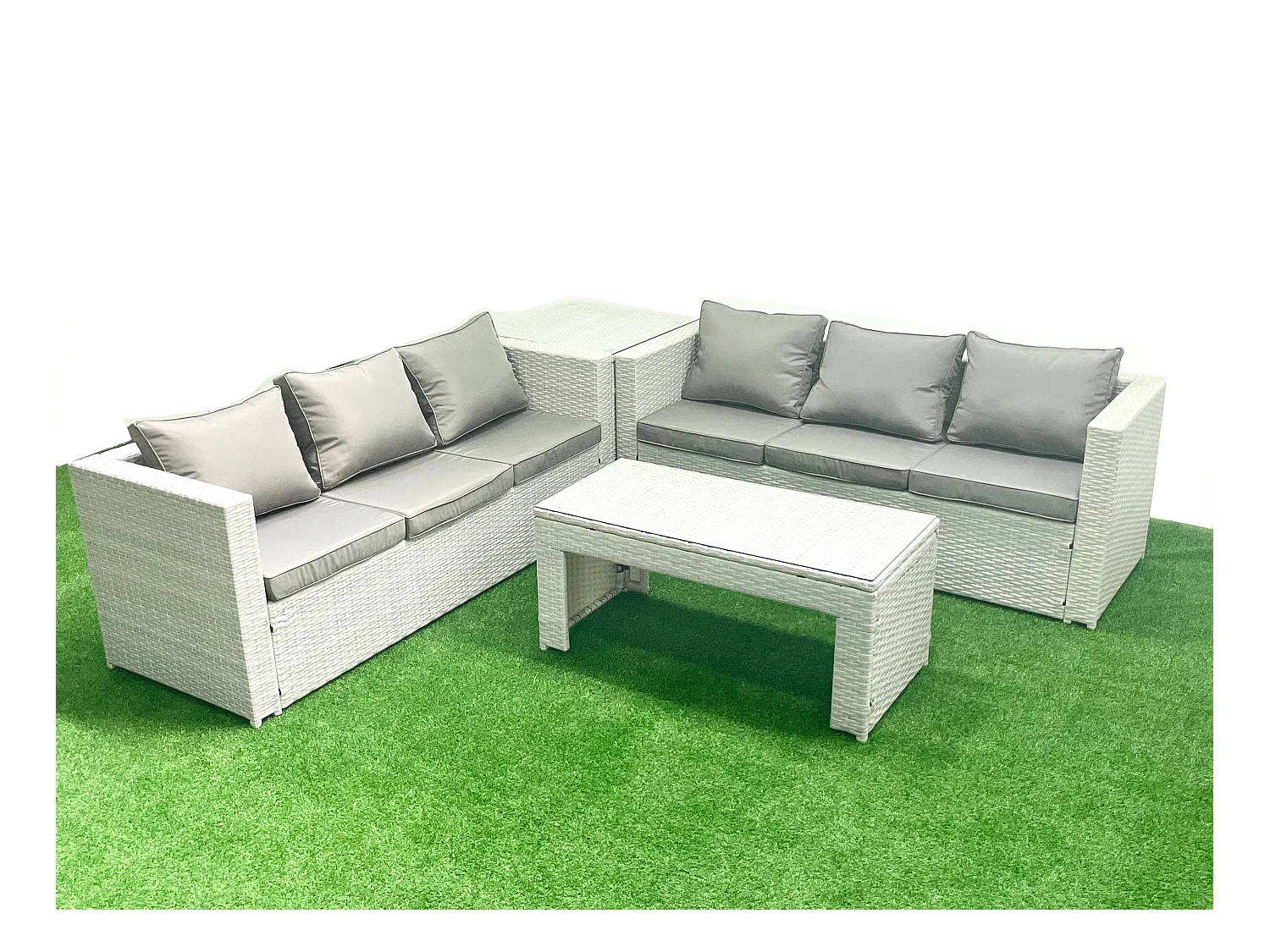 6-Sitzer Gartenmöbel-Set im Freien Polyrattan Garten Sofa Rechteckiger Couchtisch Set mit Beistelltisch Hellgrau gemischt