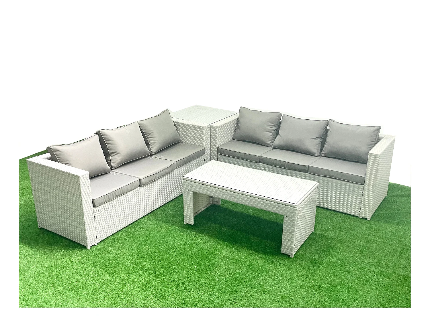 6-Sitzer Gartenmöbel-Set im Freien Polyrattan Garten Sofa Rechteckiger Couchtisch Set mit Beistelltisch Hellgrau gemischt