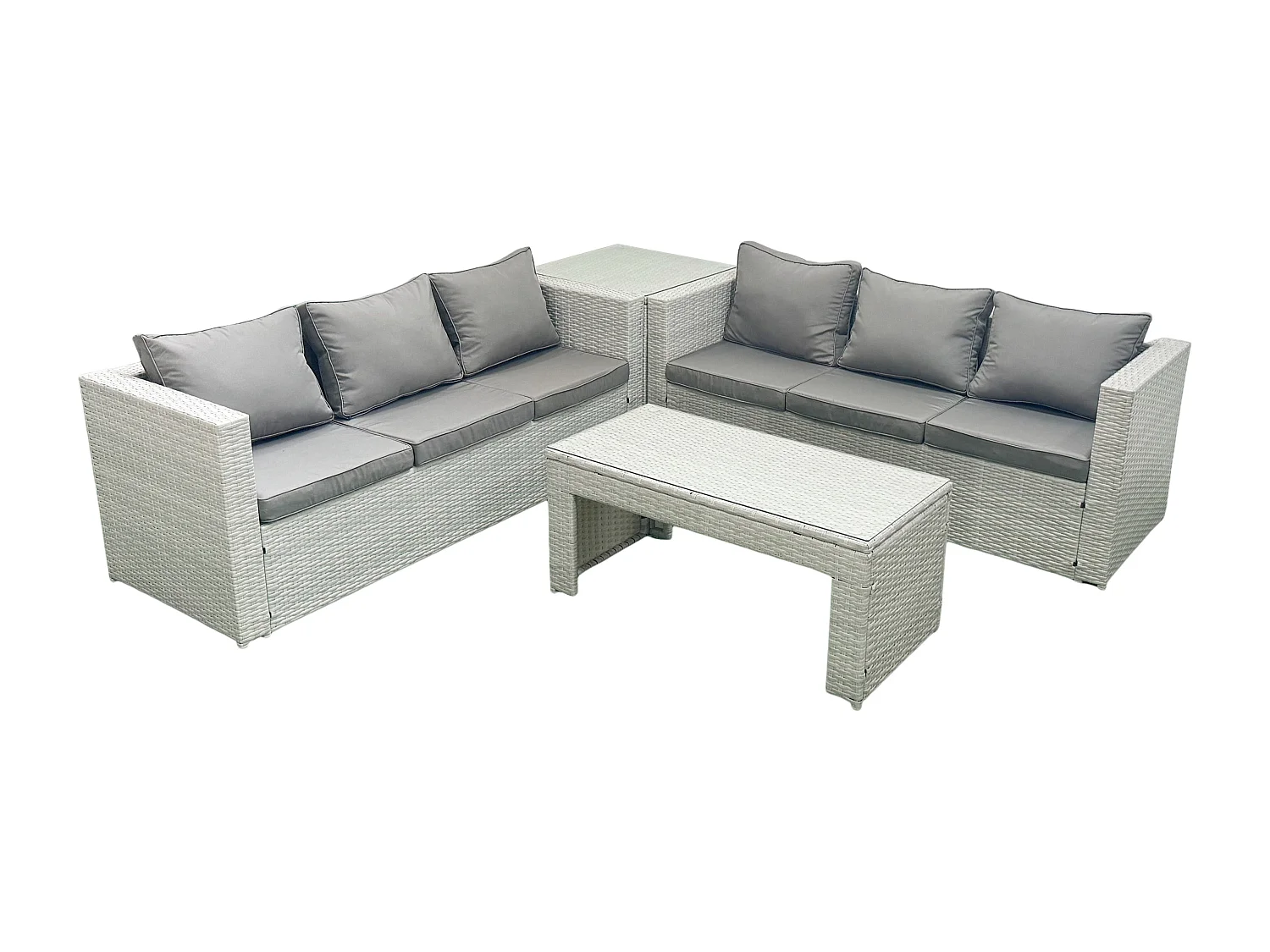 6-Sitzer Gartenmöbel-Set im Freien Polyrattan Garten Sofa Rechteckiger Couchtisch Set mit Beistelltisch Hellgrau gemischt