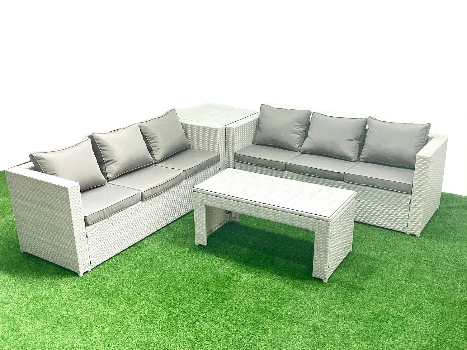 6-Sitzer Gartenmöbel-Set im Freien Polyrattan Garten Sofa Rechteckiger Couchtisch Set mit Beistelltisch Hellgrau gemischt