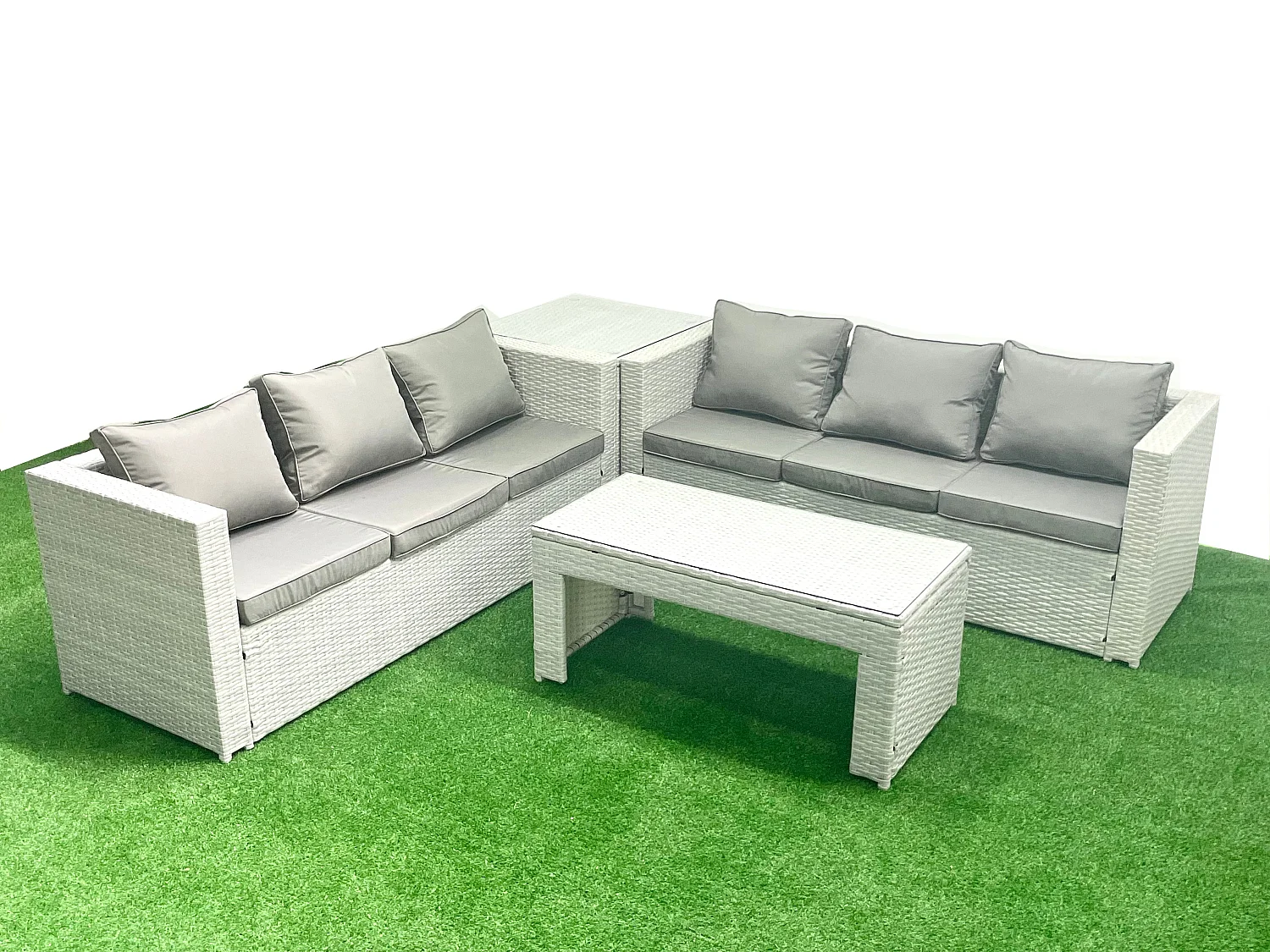 6-Sitzer Gartenmöbel-Set im Freien Polyrattan Garten Sofa Rechteckiger Couchtisch Set mit Beistelltisch Hellgrau gemischt