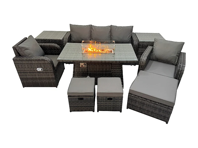 Polyrattan Gartenmöbel set Gas Feuerstelle Esstisch mit 2 Beistelltisch Sessel 3 Hockern