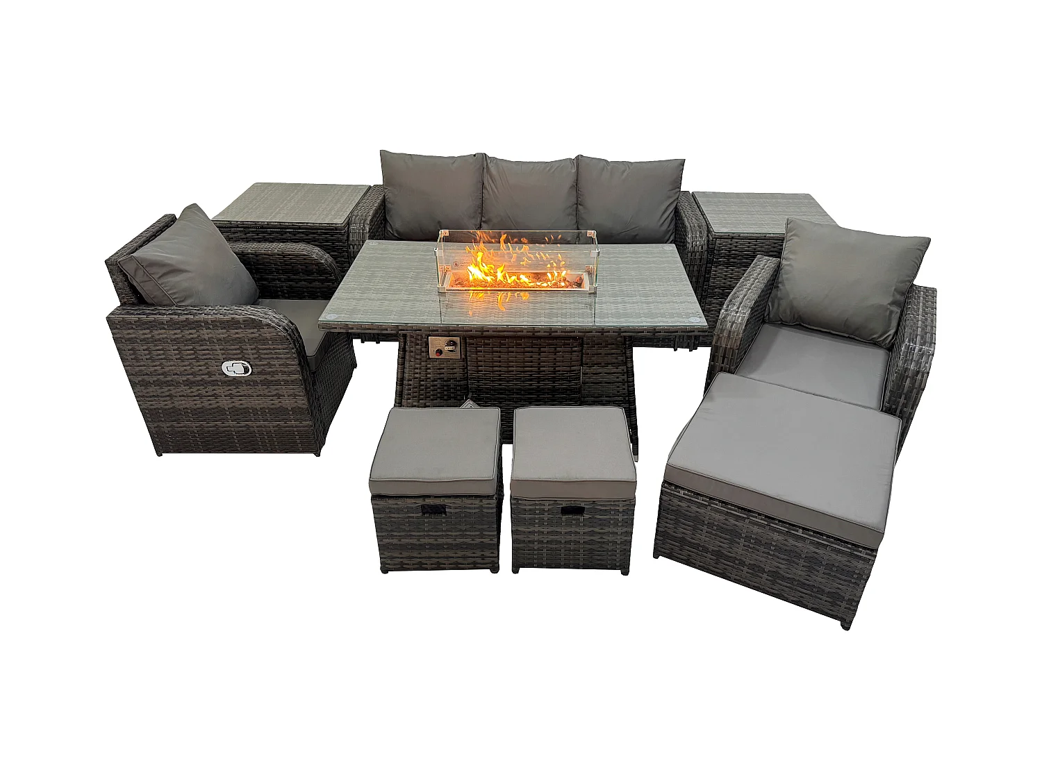 Polyrattan Gartenmöbel set Gas Feuerstelle Esstisch mit 2 Beistelltisch Sessel 3 Hockern