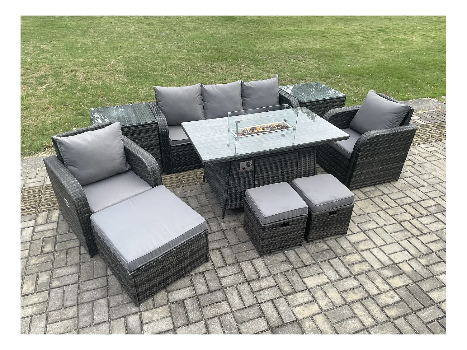 Polyrattan Gartenmöbel set Gas Feuerstelle Esstisch mit 2 Beistelltisch Sessel 3 Hockern