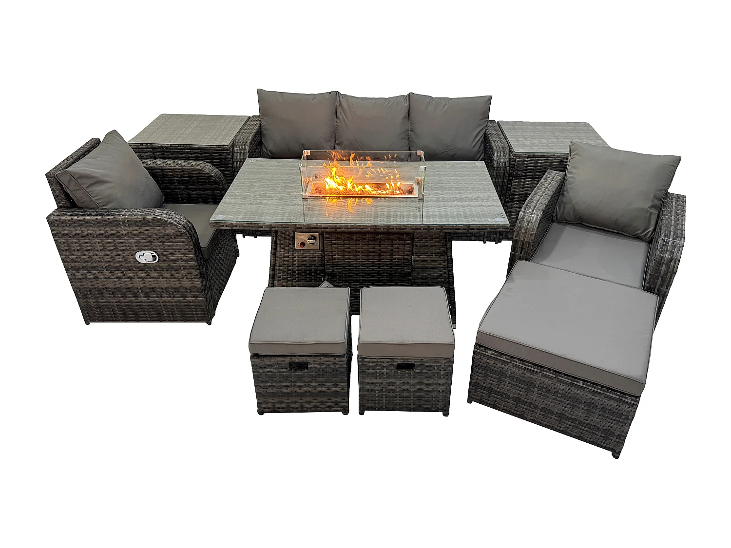 Ensemble de meubles de jardin en polyrotin Table de foyer à gaz Intérieur Extérieur avec 2 Tables d'appoint Fauteuil 3 Tabourets