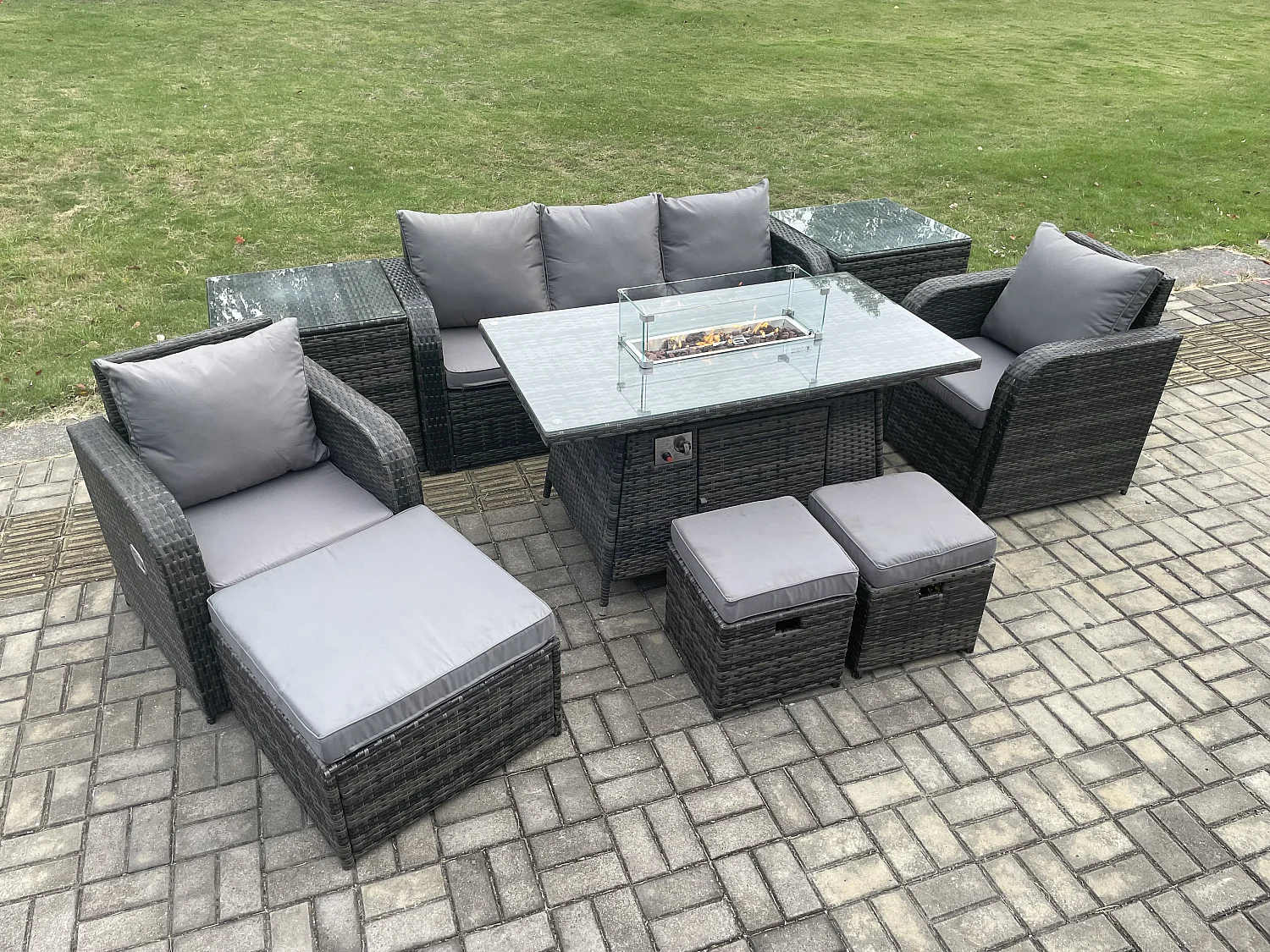 Ensemble de meubles de jardin en polyrotin Table de foyer à gaz Intérieur Extérieur avec 2 Tables d'appoint Fauteuil 3 Tabourets