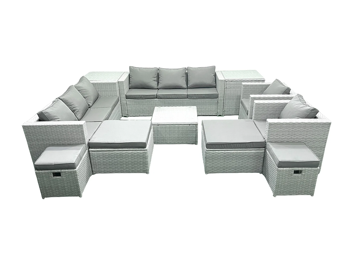 Gartenmöbel-Set 12-Sitzer Polyrattan Sofa Set mit 4 Hockern 2 Beistelltischen Hellgrau gemischt