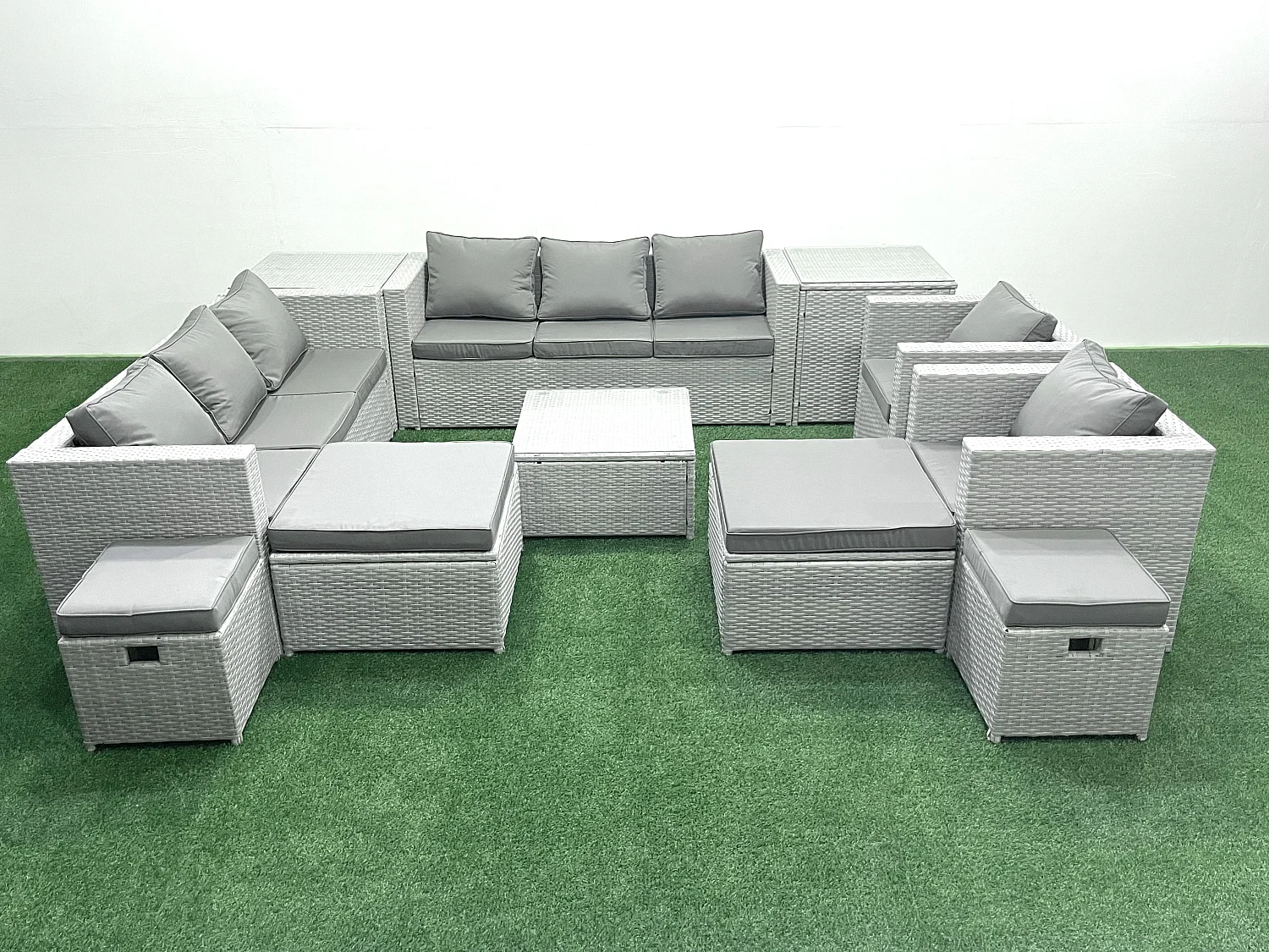 Gartenmöbel-Set 12-Sitzer Polyrattan Sofa Set mit 4 Hockern 2 Beistelltischen Hellgrau gemischt