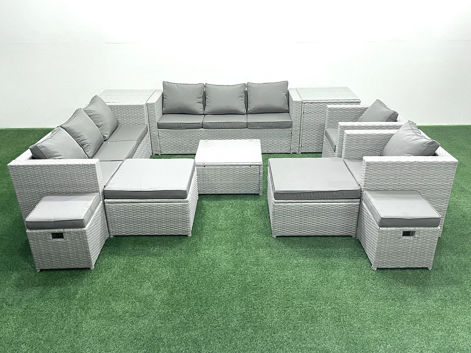 Gartenmöbel-Set 12-Sitzer Polyrattan Sofa Set mit 4 Hockern 2 Beistelltischen Hellgrau gemischt