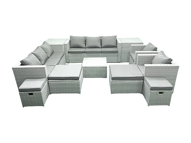 Gartenmöbel-Set 12-Sitzer Polyrattan Sofa Set mit 4 Hockern 2 Beistelltischen Hellgrau gemischt